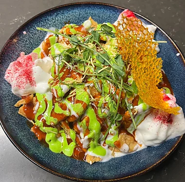 Papri chaat with yogurt and chutneys