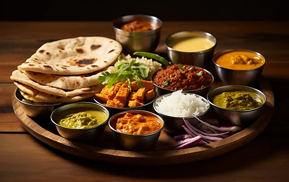 Indian thali with curries, rice and flatbread